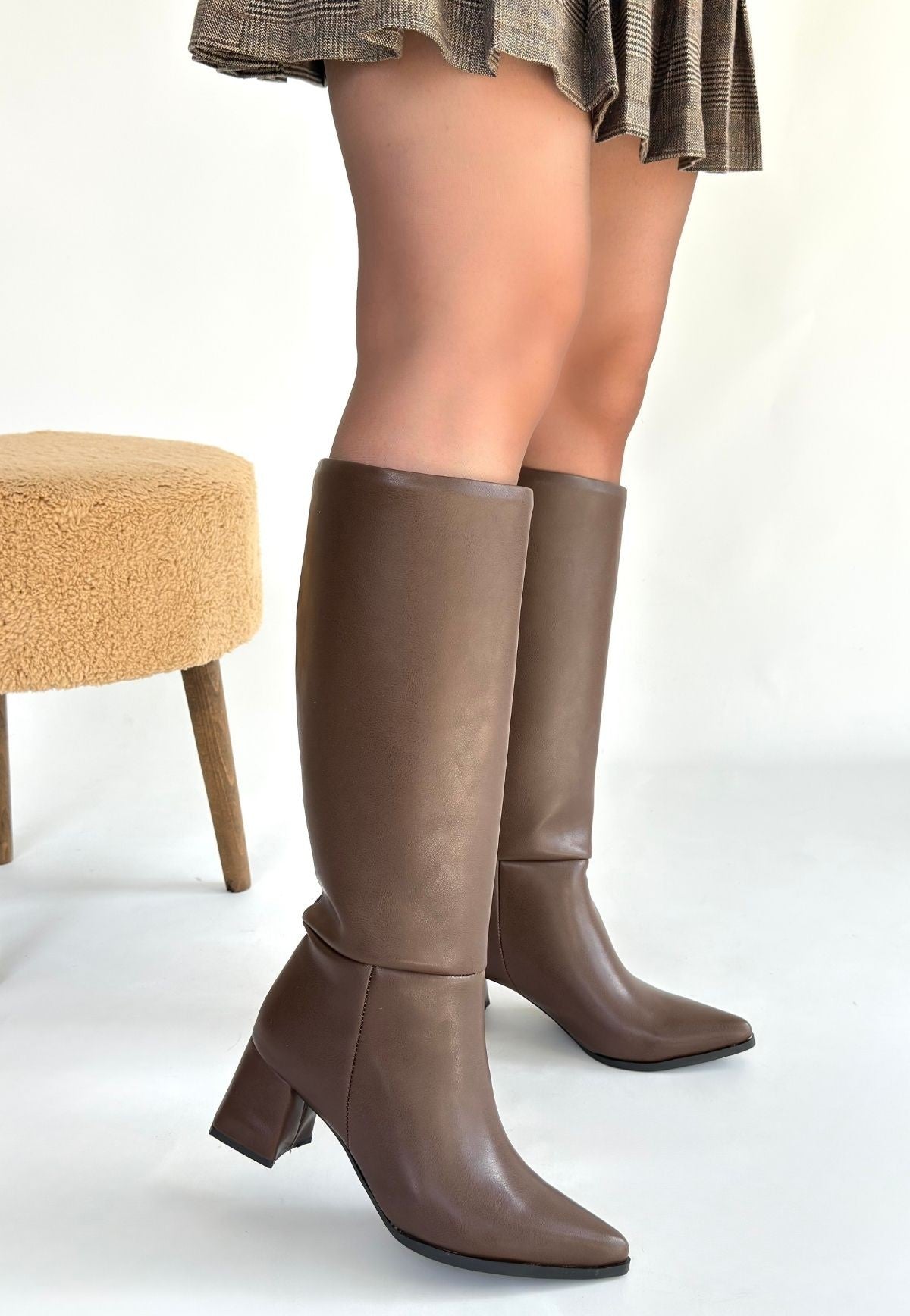 Roksa Acı Kahvei Cilt Topuklu Çizme
