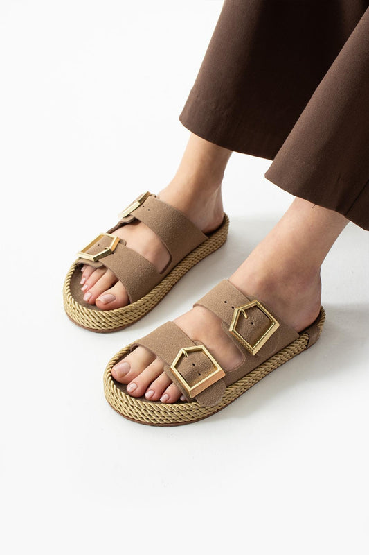 Loera Vizon Nubuk Çift Tokalı Terlik