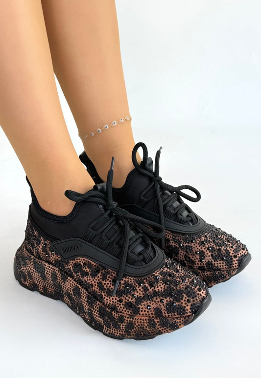 Rimay Kahverengi Leopar Boncuk İşlemeli Spor Ayakkabı