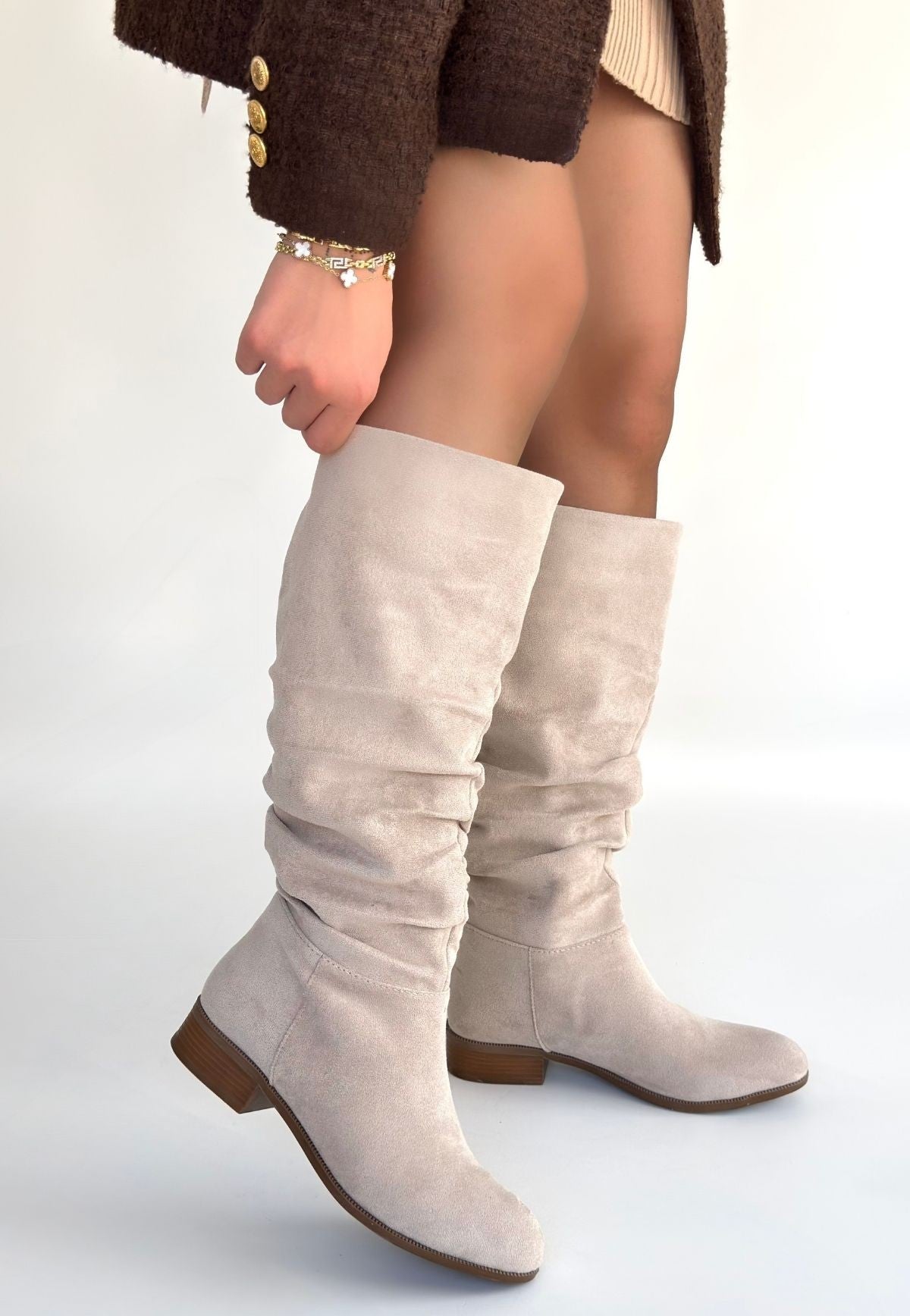 Winda Bej Süet Körüklü Topuklu Çizme