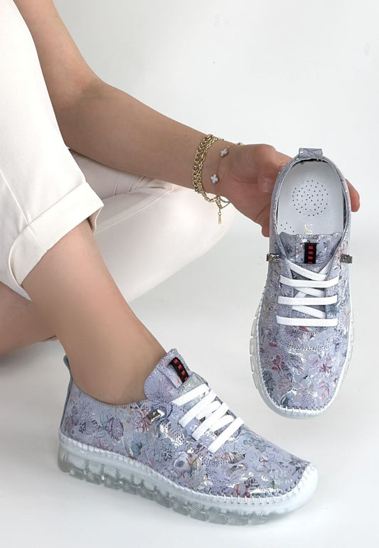 Jiten Lila Desenli Deri Bağcıklı Spor Ayakkabı