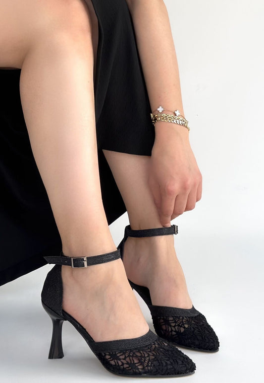 Weja Siyah Cilt Tül Detaylı Topuklu Ayakkabı