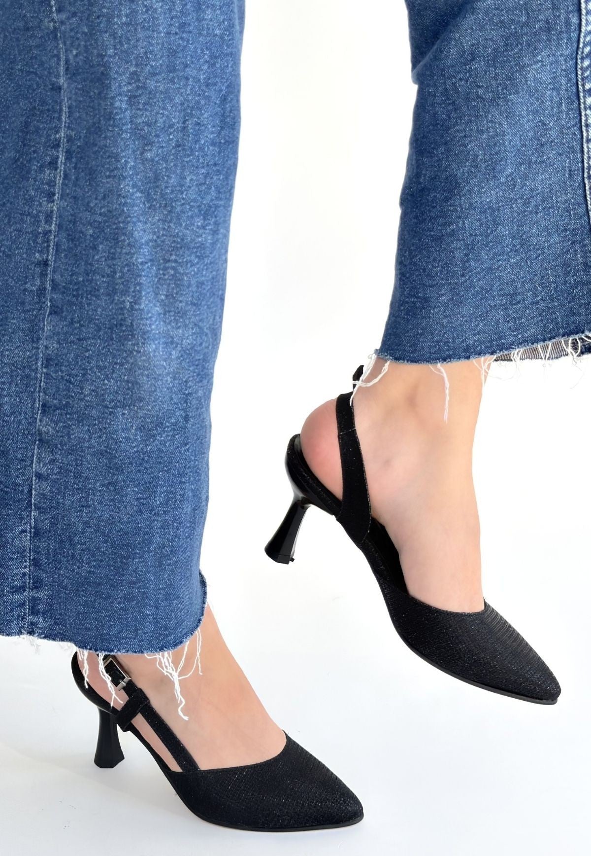 Joga Siyah Saten Simli Topuklu Ayakkabı