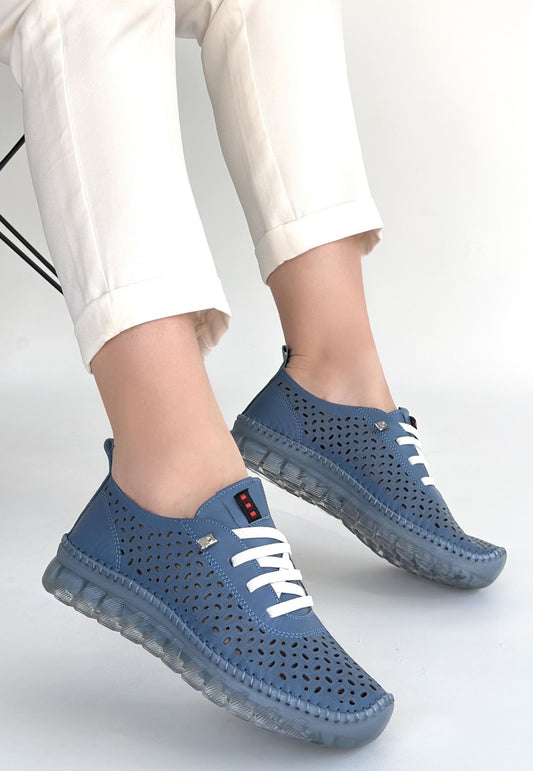 Otja Mavi Deri Lazerli Bağcıklı Spor Ayakkabı